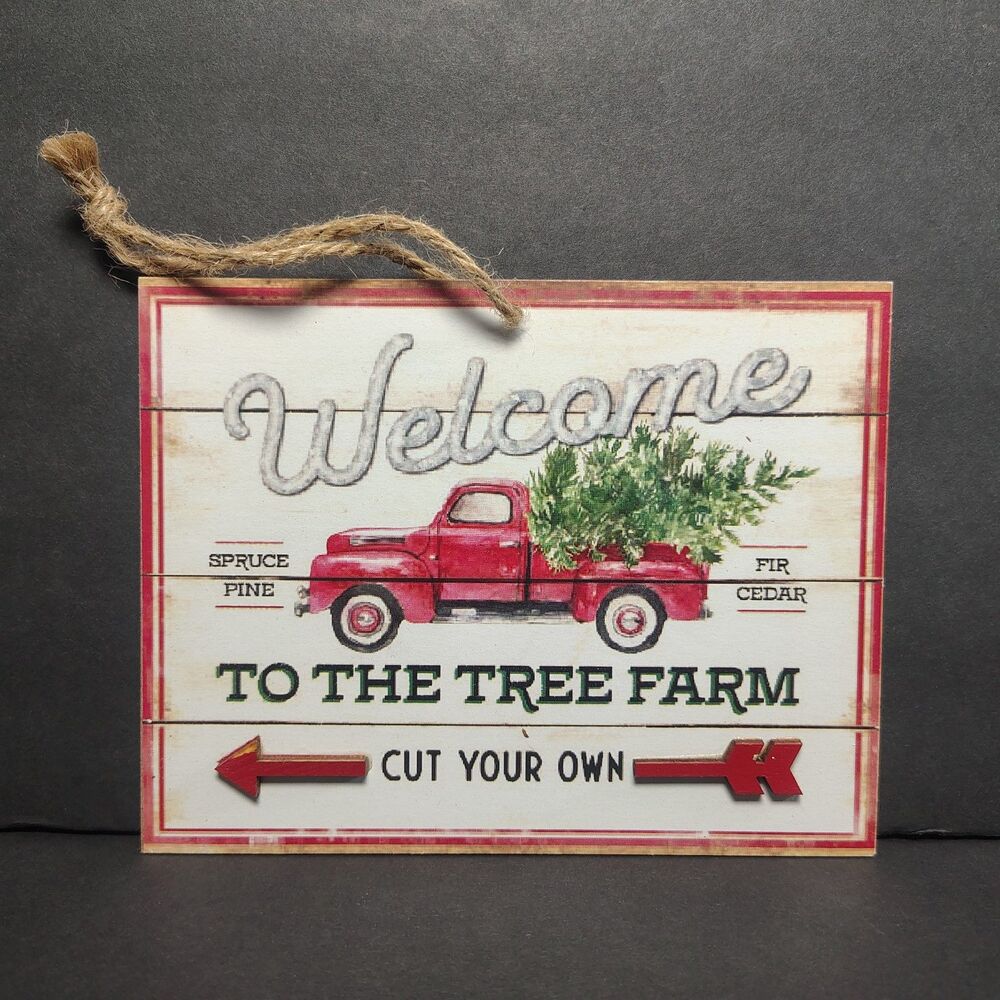 Rustic Christmas Tree Farm Sign Red Vintage Truck Holiday Decor Twine Cottage